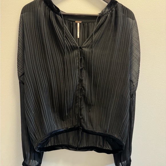 Free People Shirt Black in medium with velvet trim and buttons - Picture 1 of 4